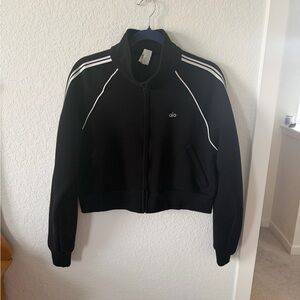 ALO Yoga Black Zip Front Track Jacket with White Piping